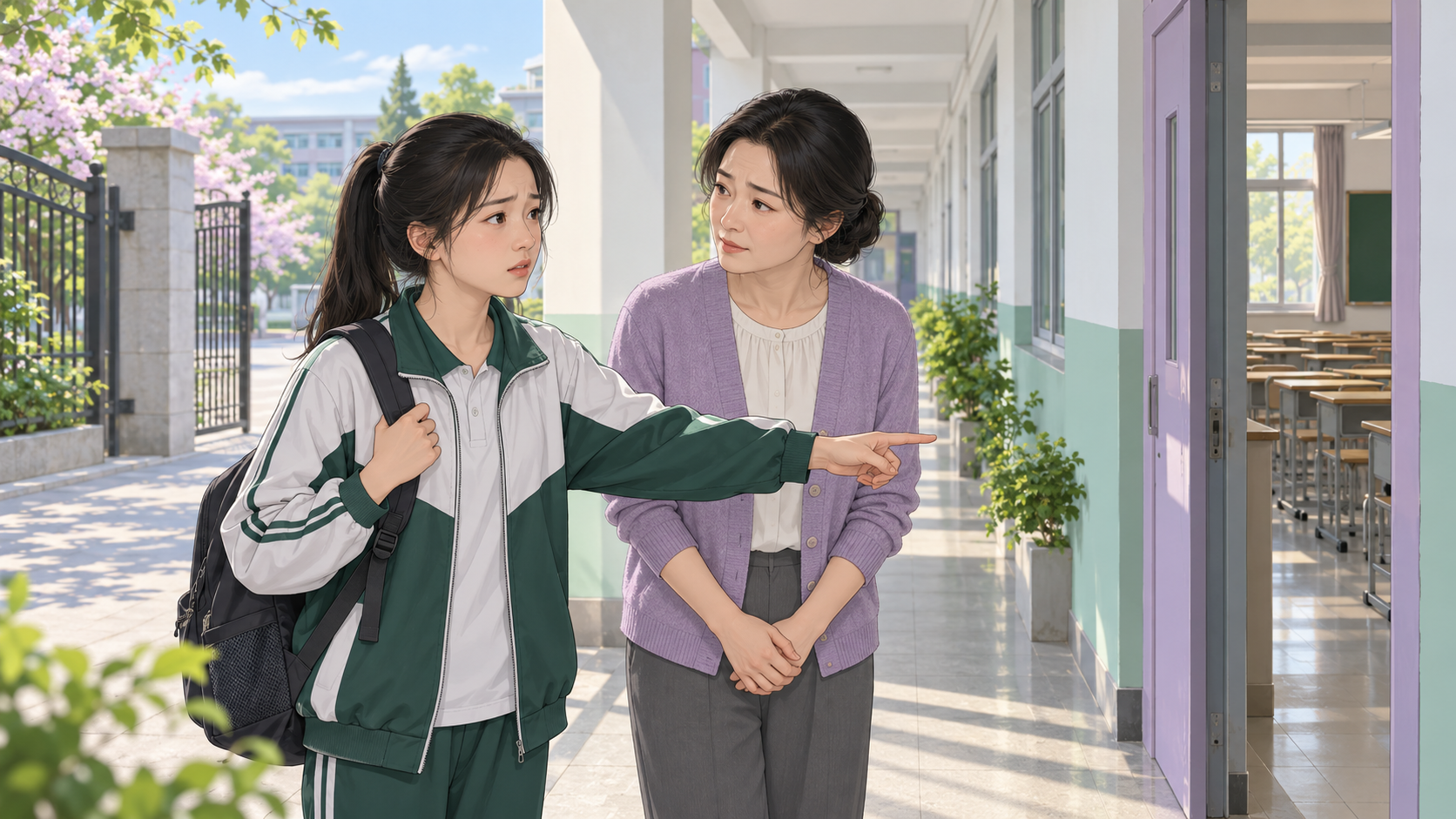 老师陪学生熟悉返校后的校园环境
