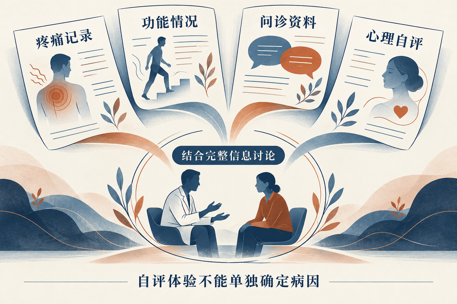 心理自评补充患者体验,需与疼痛、功能和问诊资料共同讨论。