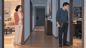 伴侣在走廊两侧沉默，一方准备离开谈话