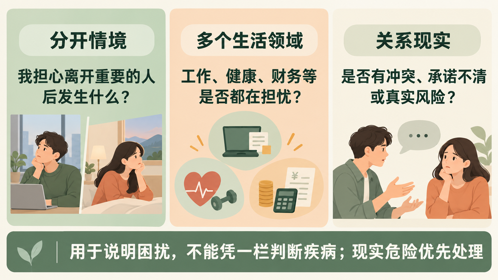 从分开情境、多个生活领域和关系现实三个角度描述担忧的提示卡