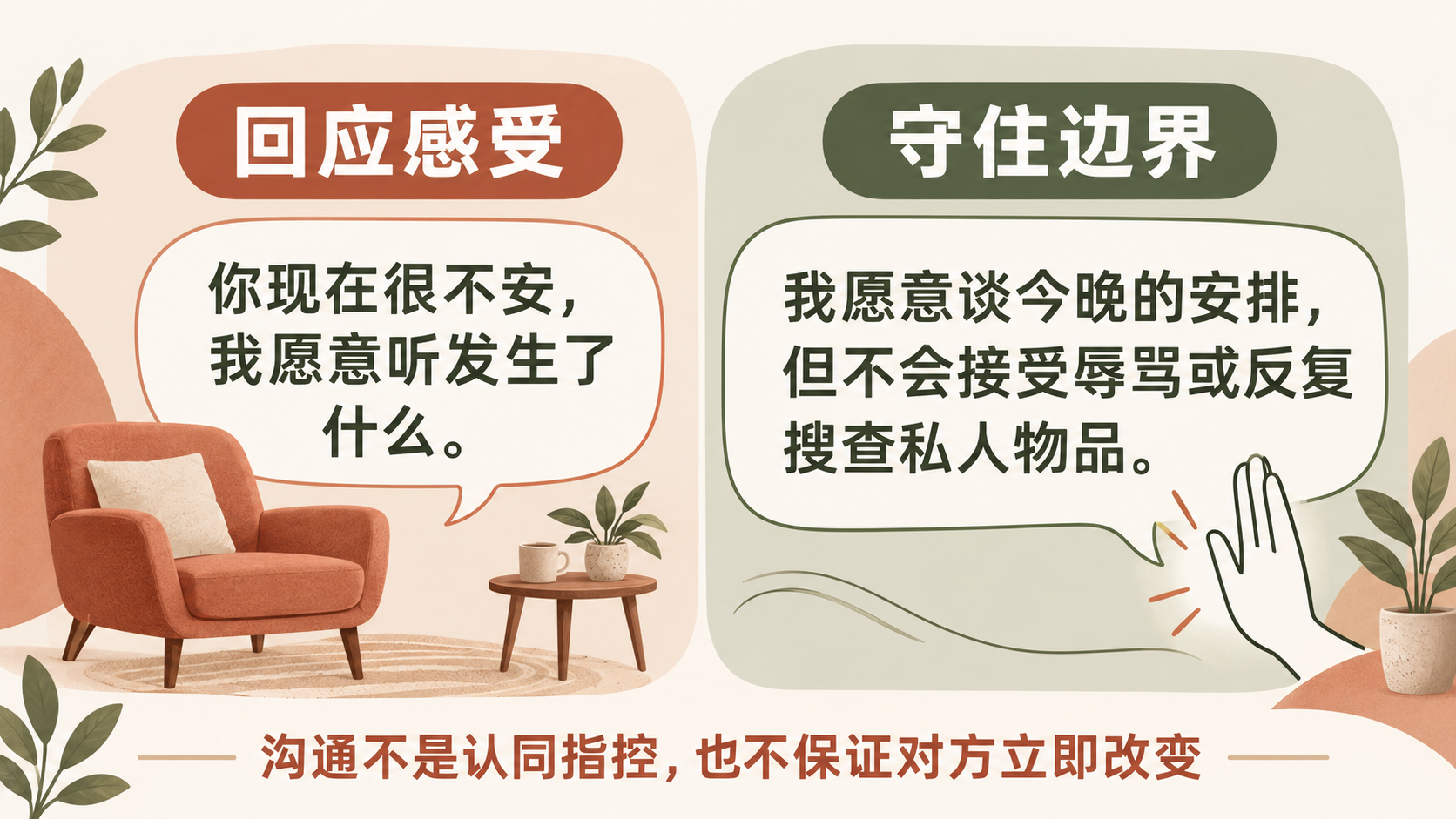 对话卡分别呈现回应感受与守住边界，强调沟通不等于认同指控。