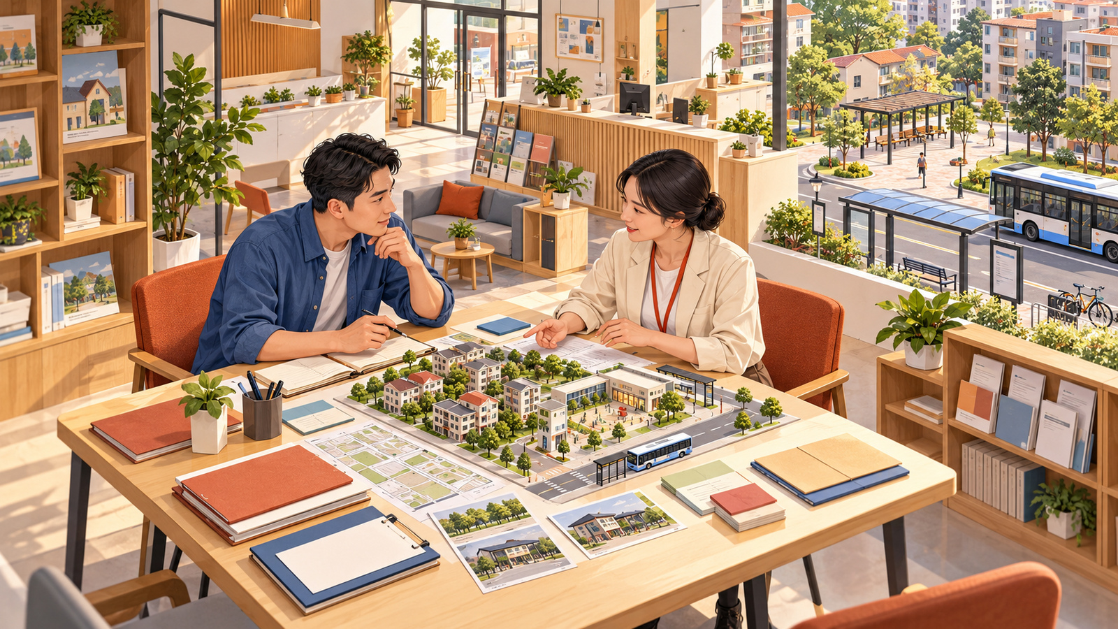 社区社工与成年居民共同查看生活资源示意，讨论本人希望解决的问题；为合成插画