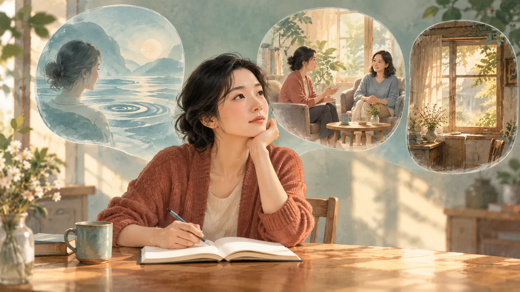 女性在笔记本前回顾感受与关系的原创示意插画
