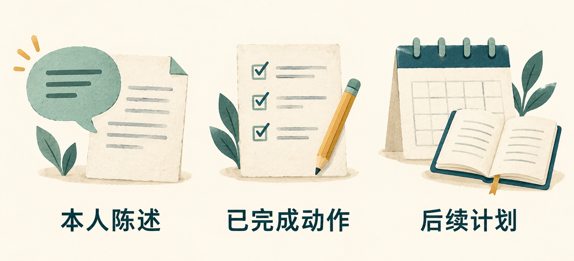 三类记录并列：本人陈述、已完成动作、后续计划