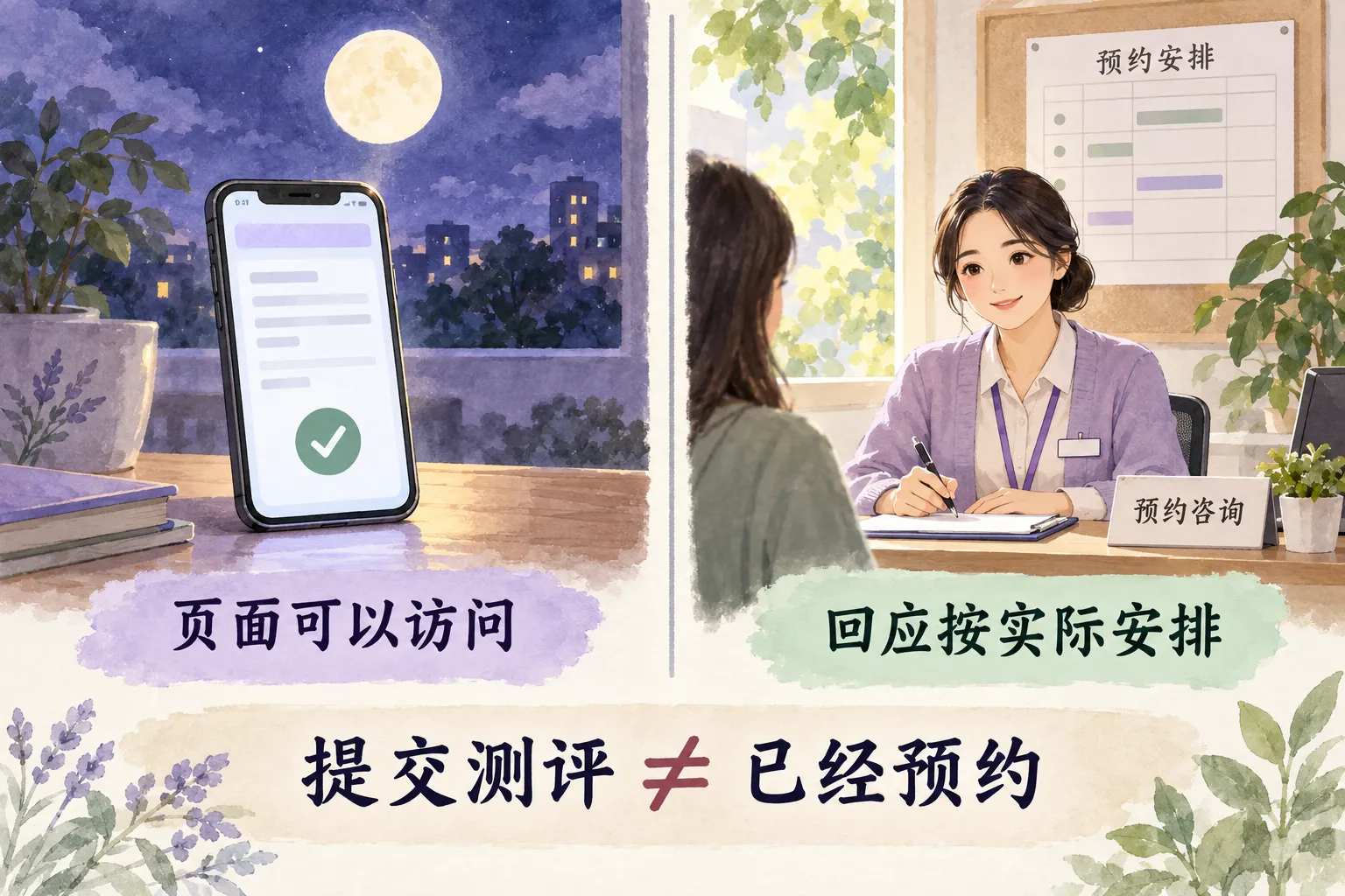 图1 页面可访问与工作人员回应是两件事,提交测评不等于完成预约。