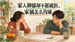 两位成年家人在餐桌旁平静交谈，文章标题为“家人抑郁却不愿就医，家属怎么沟通”。
