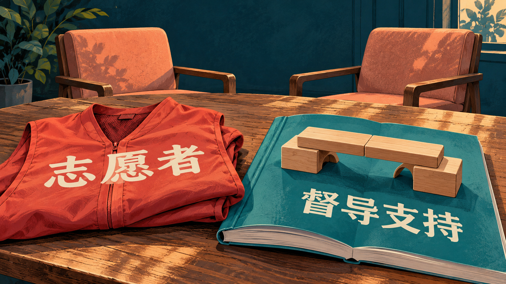 志愿者马甲、督导支持手册和交接练习道具,表达岗位支持与职责交接