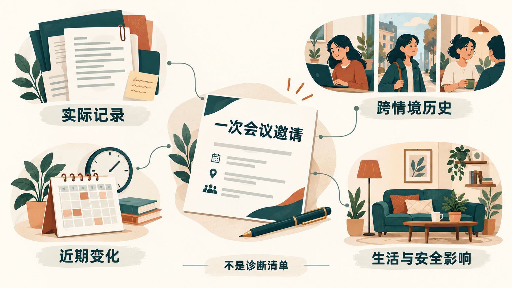 会议邀请事件周围的四类信息：实际记录、跨情境历史、近期变化、生活与安全影响。
