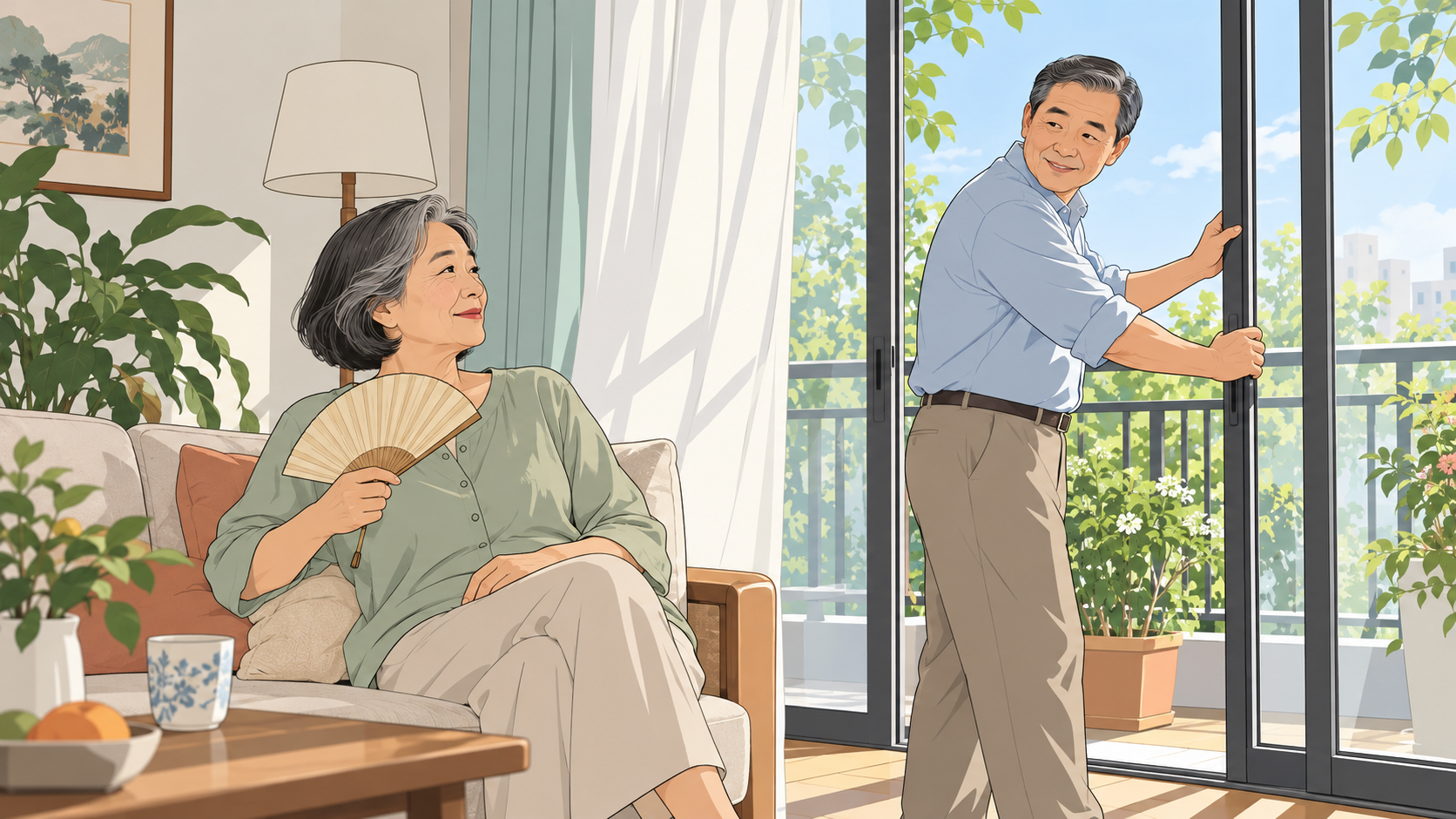 成年伴侣在家中通风休息,女性手持折扇