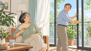成年伴侣在家中通风休息，女性手持折扇
