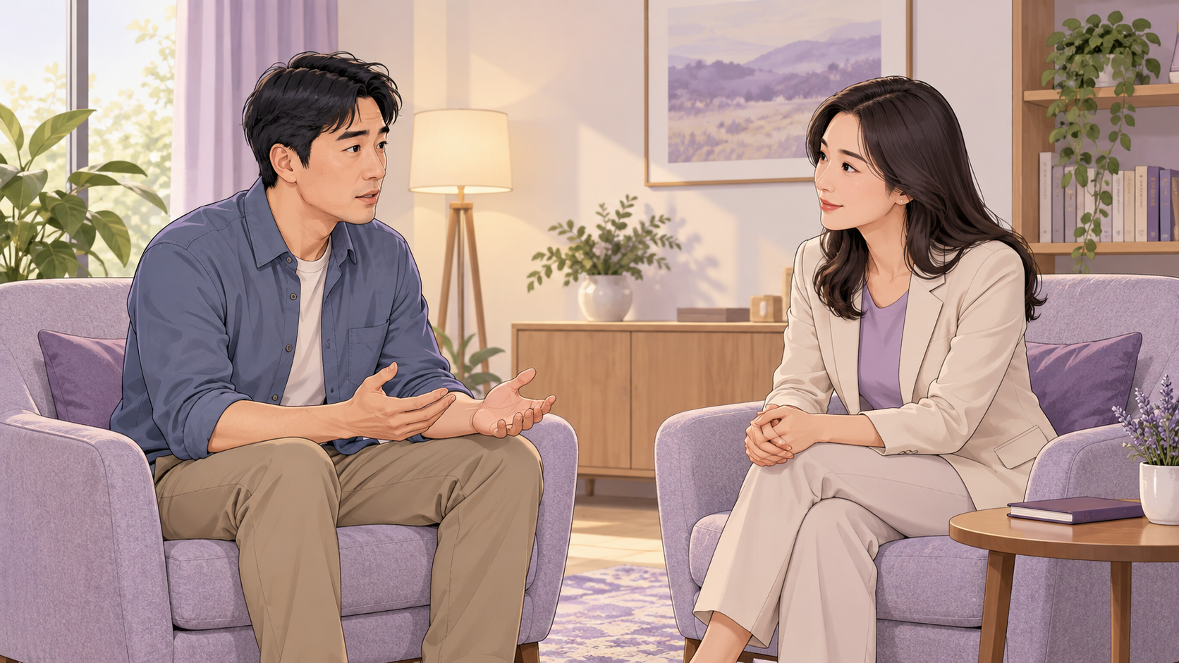 成年人在咨询室向心理咨询师表达困扰