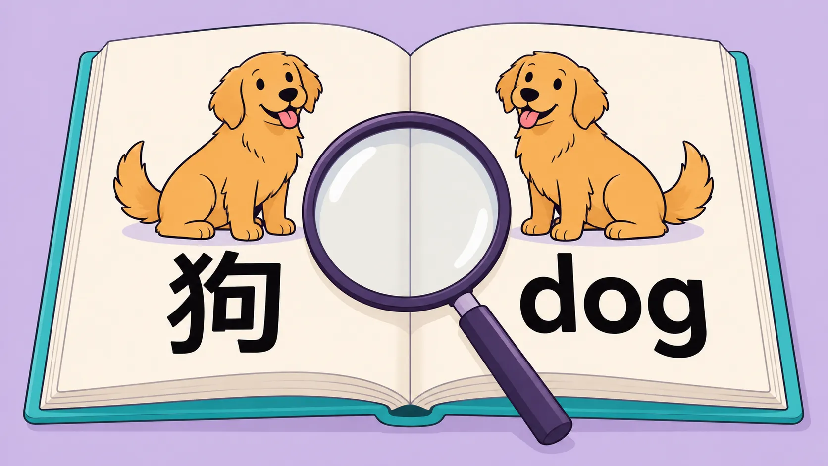 打开的图画词书两页分别写着狗与dog，放大镜横跨两页。