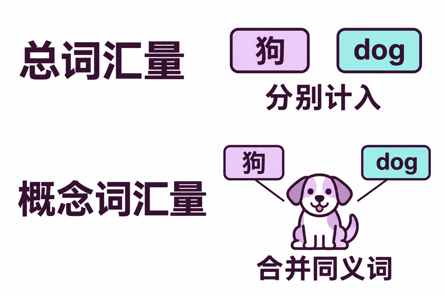 总词汇量把狗与dog分别计入；概念词汇量将这一意义对应词组视为同一个概念。