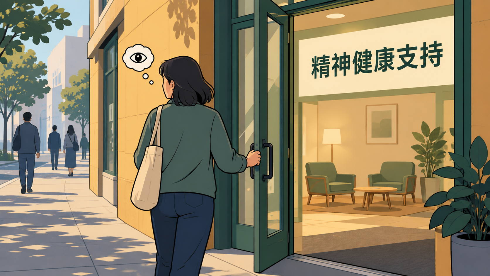 一位来访者走到精神健康支持中心门口，回头望向街上的路人，表现对被认出的顾虑。