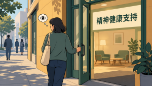 一位来访者走到精神健康支持中心门口，回头望向街上的路人，表现对被认出的顾虑。