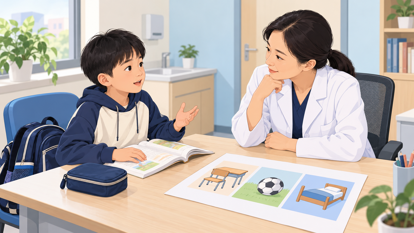 医务人员倾听孩子讲述学习、活动与休息中的生活困难