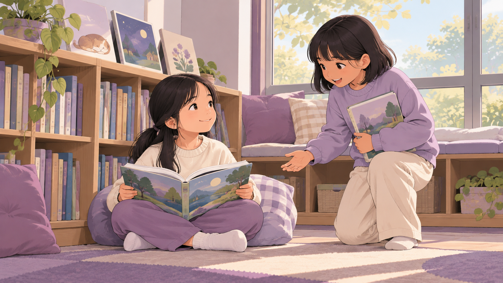 小学阅读角里,安静阅读的孩子与同伴自然交流