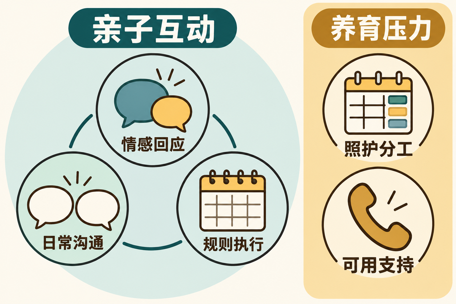 亲子互动需了解情感回应、日常沟通和规则执行;养育压力另行了解照护分工与可用支持。