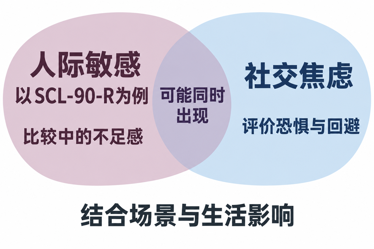 以SCL-90-R为例，人际敏感侧重比较中的不足感；社交焦虑侧重评价恐惧与回避，两者可能同时出现，需结合场景与生活影响。