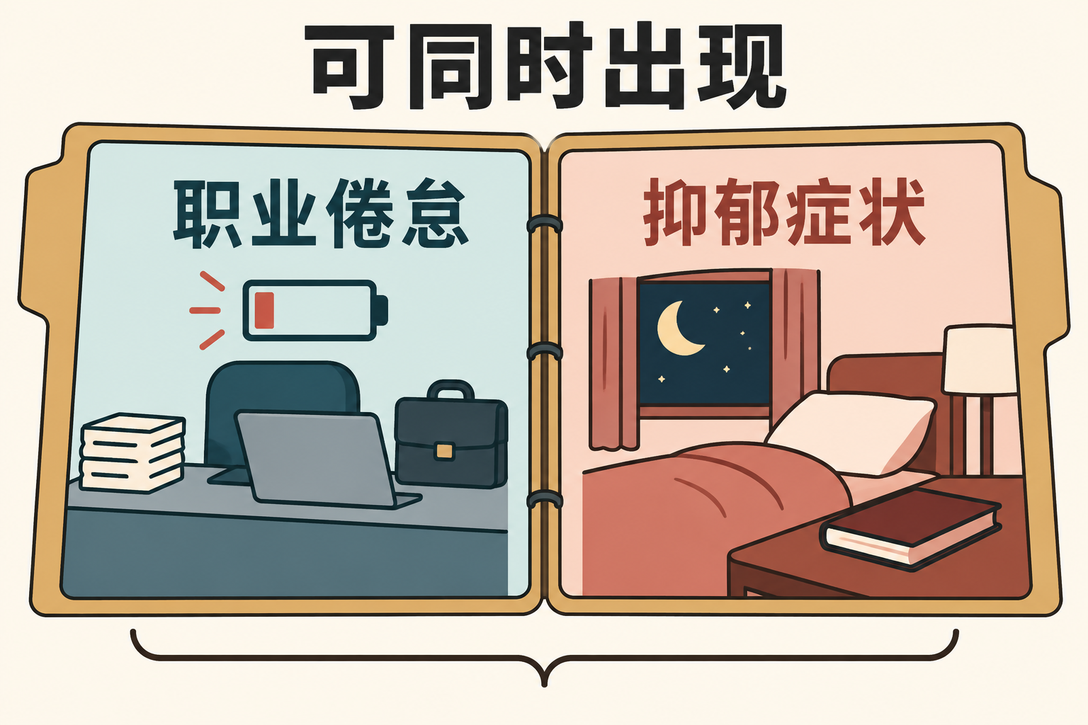职业倦怠与抑郁症状可同时出现,应分别记录与评估,不是互斥选择。