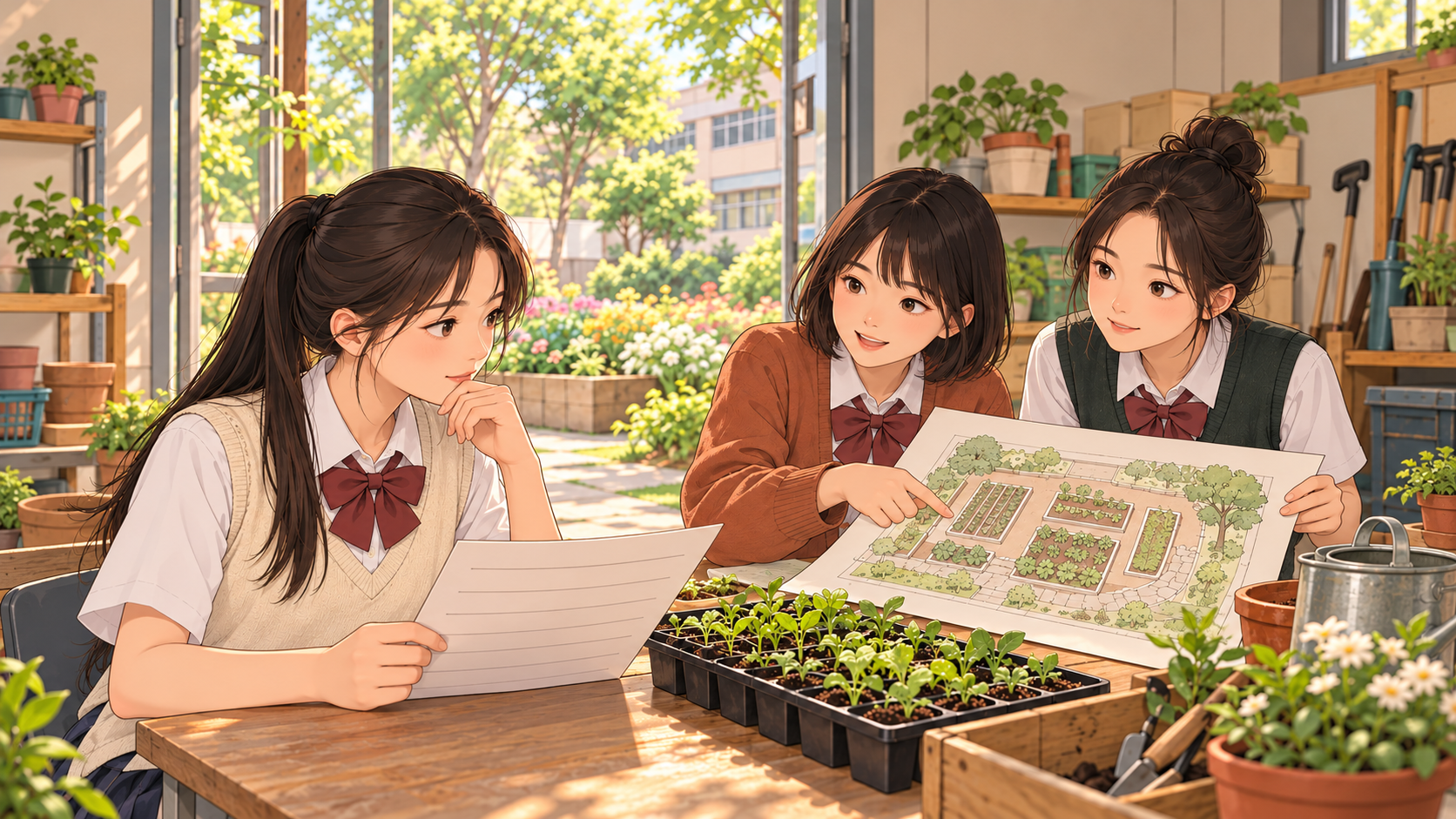 三名学生围着植物幼苗讨论园艺设计图