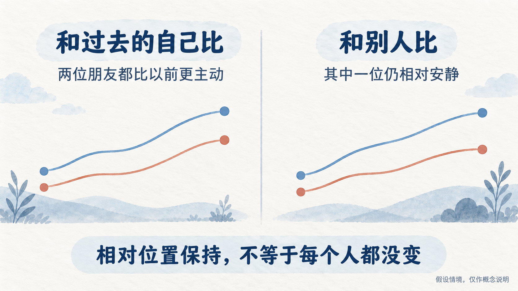 两种人格变化比较：两位朋友都比过去主动，相对位置仍可能保持；假设情境仅作概念说明