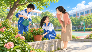 教师与学生一起参与校园园艺活动