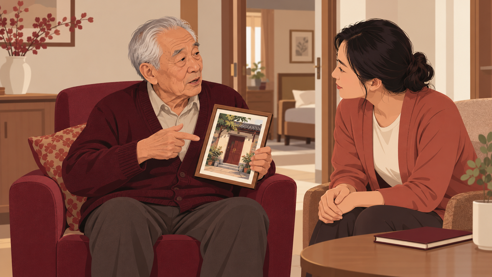 养老院工作人员倾听老人讲述家中生活