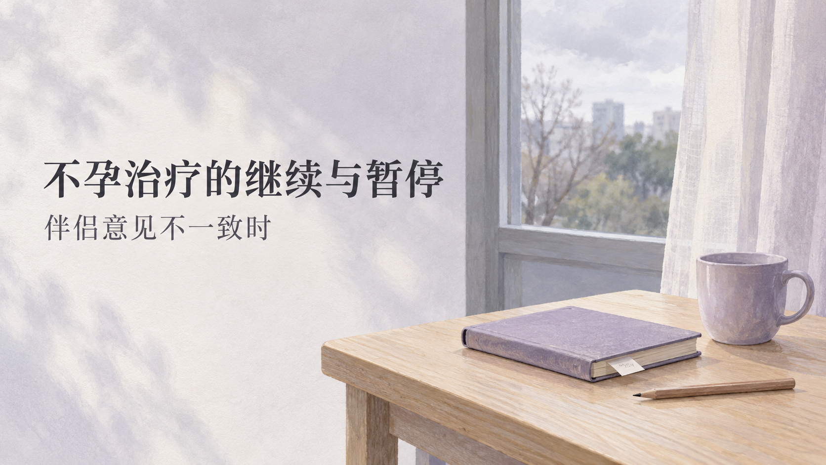 淡紫灰色窗边静物，标题为不孕治疗的继续与暂停