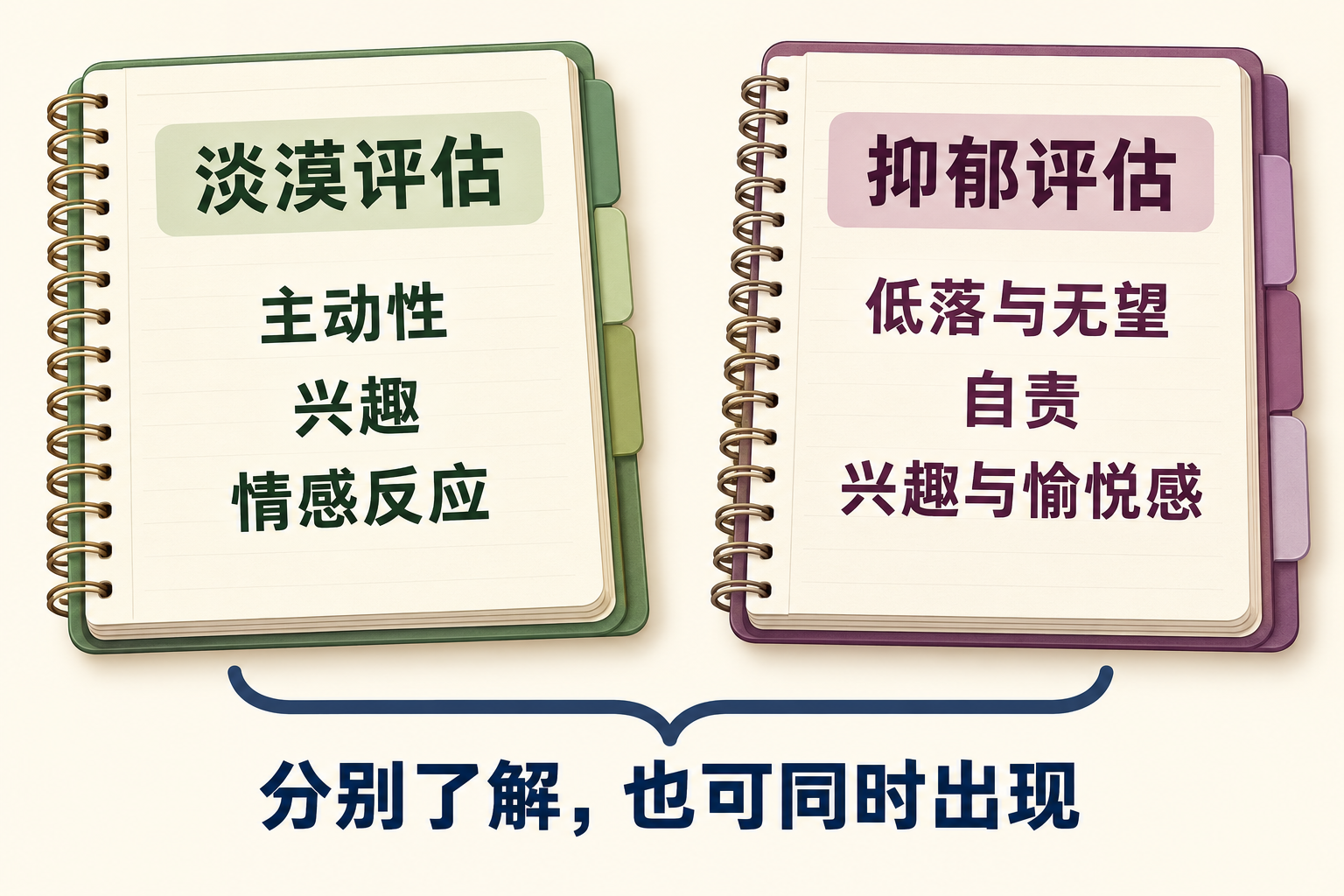 淡漠评估关注主动性、兴趣和情感反应；抑郁评估关注低落与无望、自责、兴趣与愉悦感；二者需分别了解，也可同时出现。
