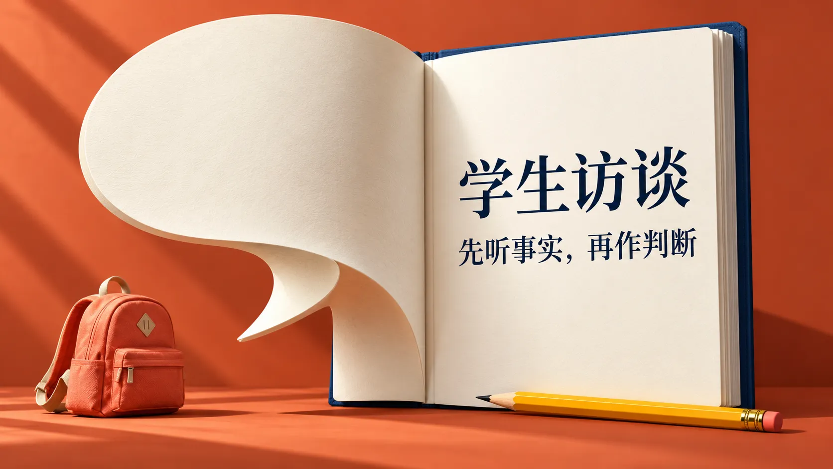 学生访谈记录本与对话形纸页，提示区分事实与判断。