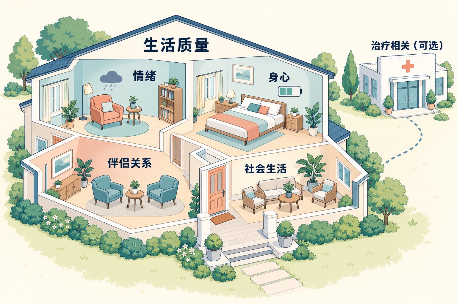 生活质量图分为情绪、身心、伴侣关系和社会生活四个空间,旁边单列治疗相关可选模块。
