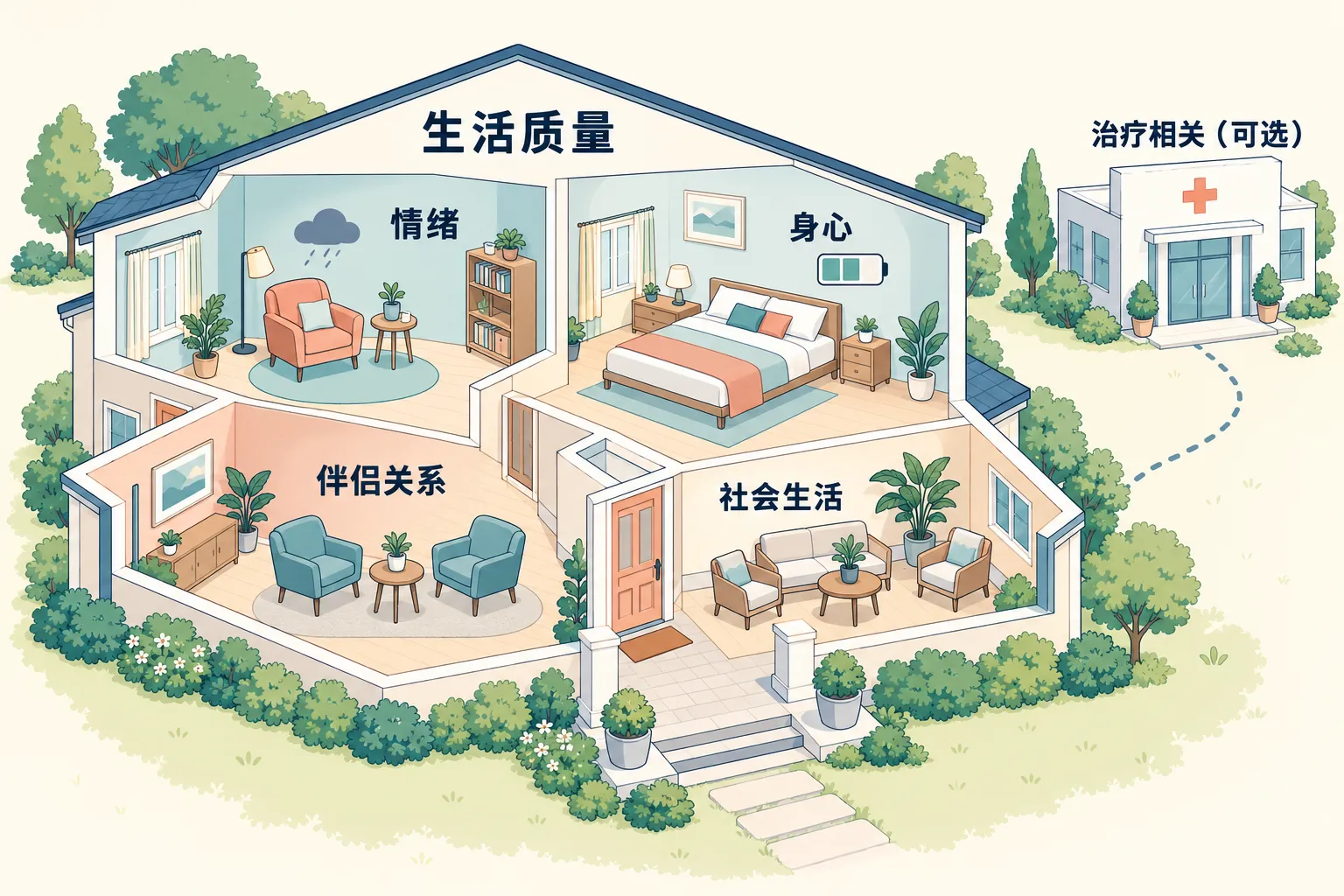 生活质量图分为情绪、身心、伴侣关系和社会生活四个空间,旁边单列治疗相关可选模块。