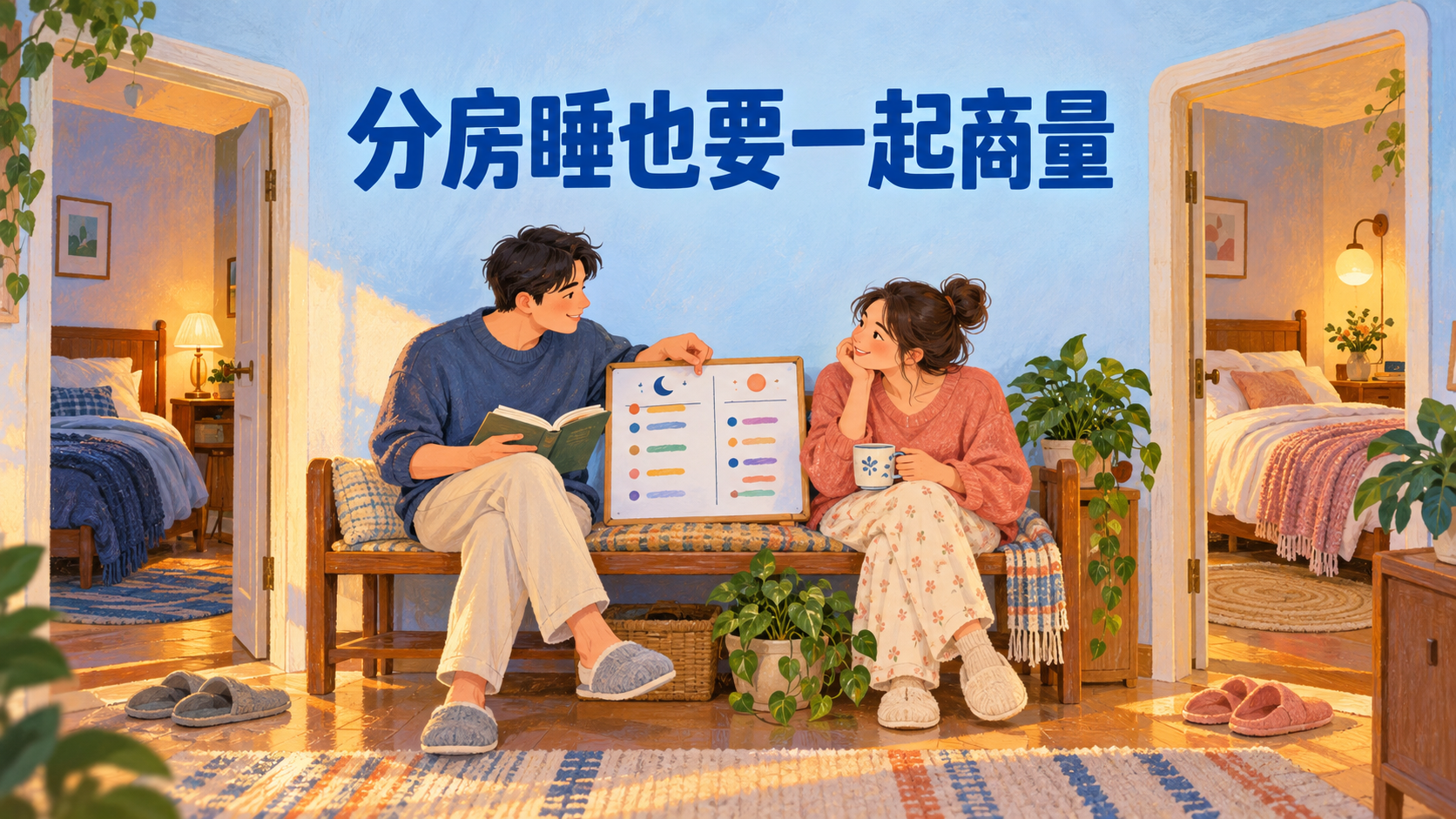 伴侣一起商量分房睡的睡眠安排