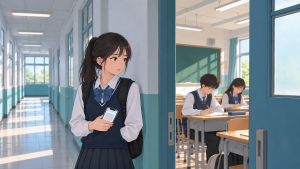 女生拿着手机站在教室门口望向室内