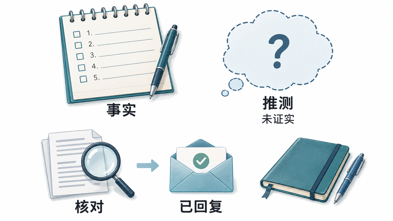 会后漏答问题的拆分示例:把事实和推测分开,完成核对与回复后结束本轮处理。