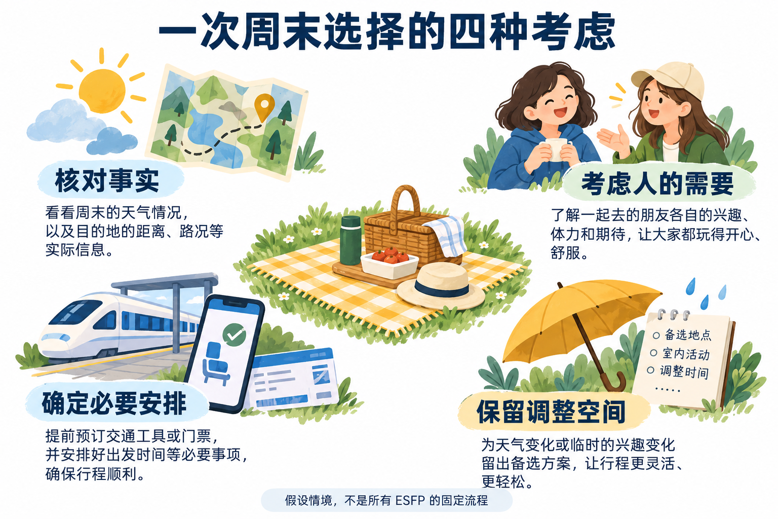 图示为假设情境,呈现一次选择中的不同考虑,不是所有ESFP的固定流程。