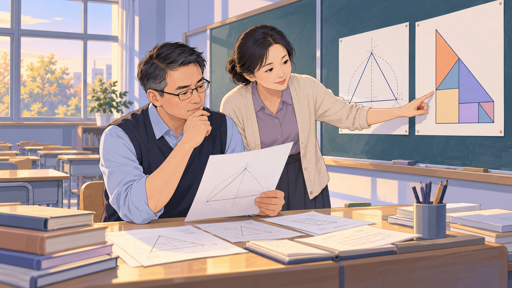 两名教师在教室里对照几何图讨论教学