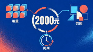 2000元与用量、范围、周期三个核对维度相连的编辑概念图。