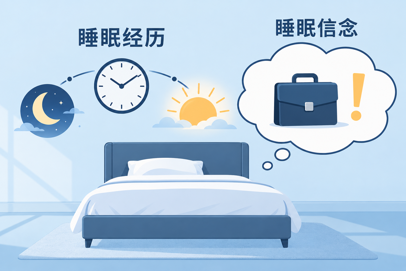 空床上方分别以月亮、时钟和日出表示睡眠经历，以装有公文包和感叹号的想法气泡表示睡眠信念。