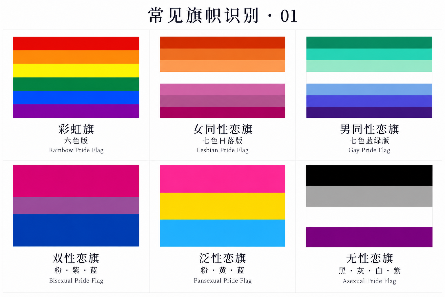 彩虹、女同、男同、双性恋、泛性恋和无性恋旗帜对照
