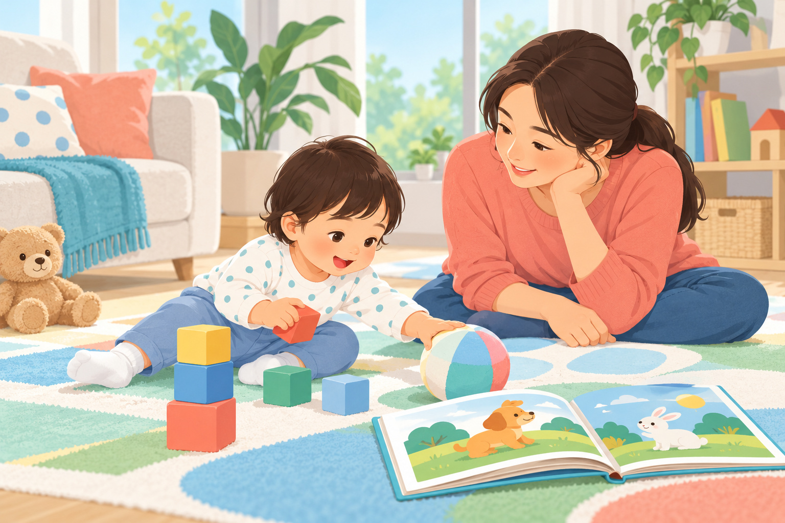 幼儿与照护者在地垫上阅读和游戏的日常发展场景