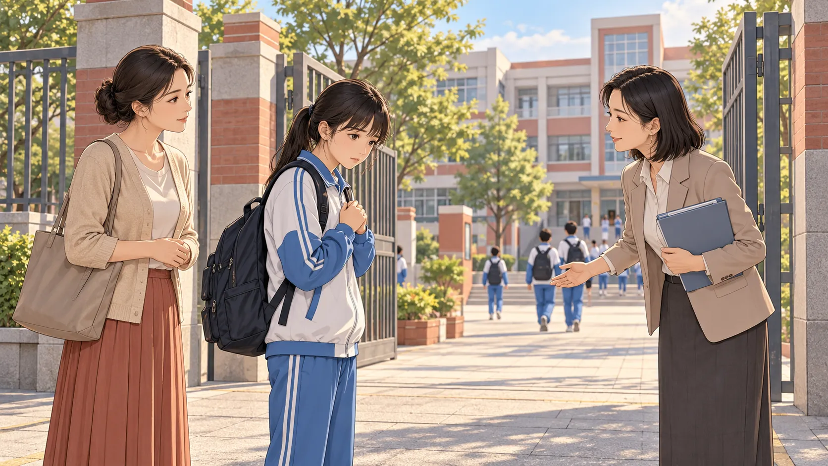 家长和老师倾听学生到校过程中的困难