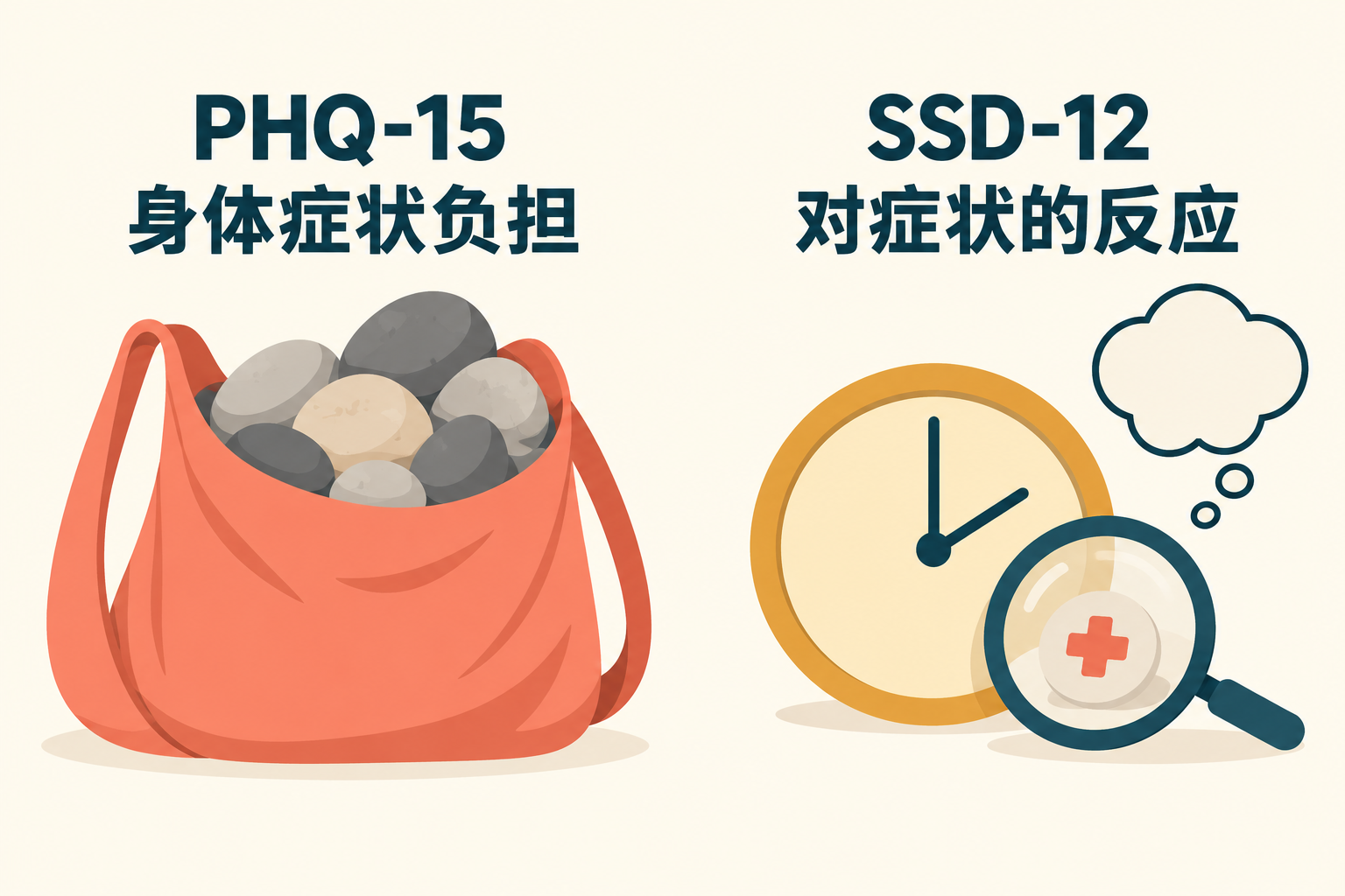 PHQ-15下是装有重物的袋子,表示身体症状负担;SSD-12下是时钟、放大镜和思考气泡,表示对症状的反应。