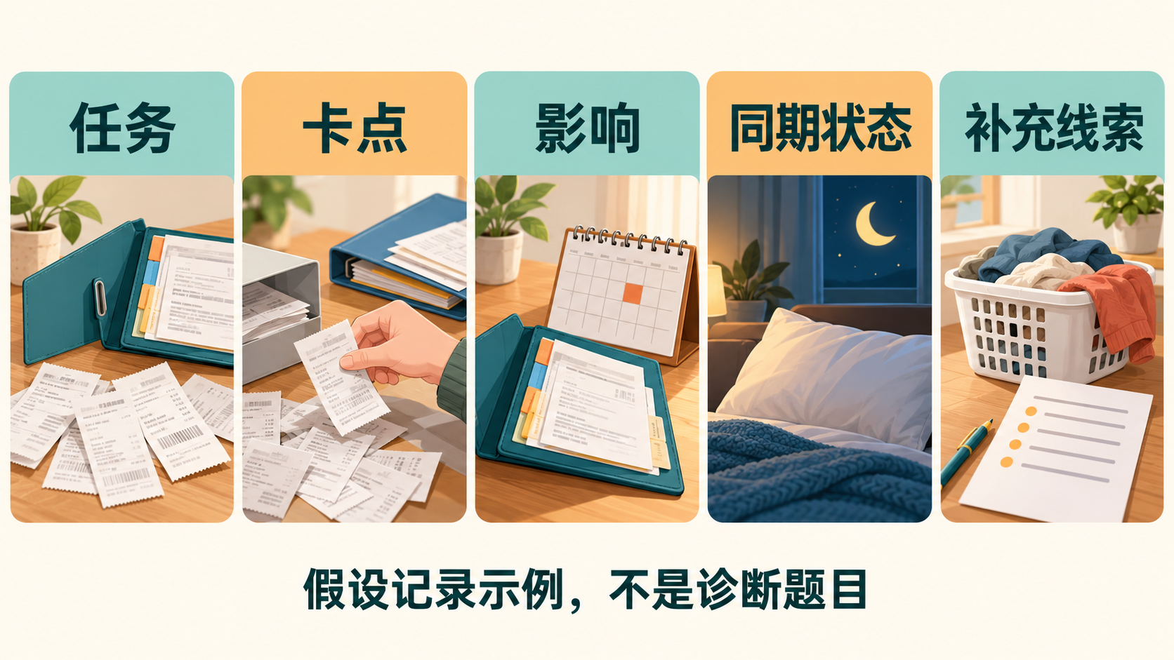 假设报销事件记录：任务、卡点、影响、同期状态、补充线索