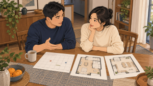 伴侣对照日历与居住安排讨论未来计划