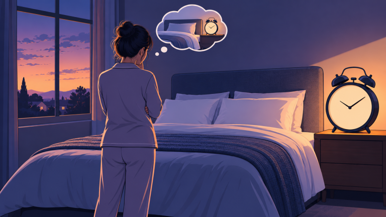 傍晚，一个人站在床边看着闹钟，思绪仍围绕睡眠和时间。