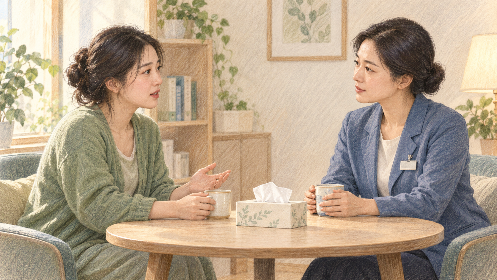 一位产后女性向认真倾听的专业人员表达困扰
