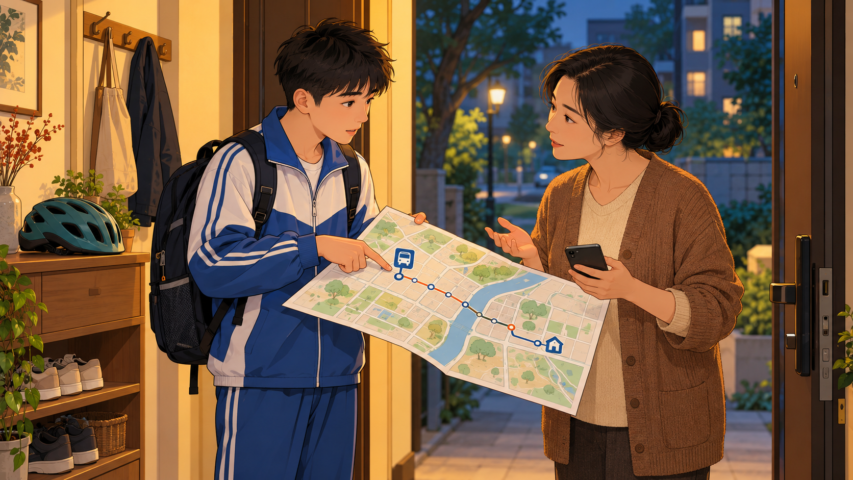 学生和母亲在家门口对照地图商量返家路线
