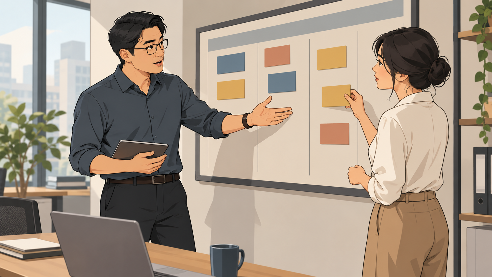 同事在任务板前协商工作安排